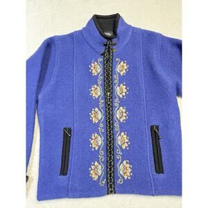 Icelandic Design Wool Embroidered Cardigan Sweater Blue Floral Boho Womens Small